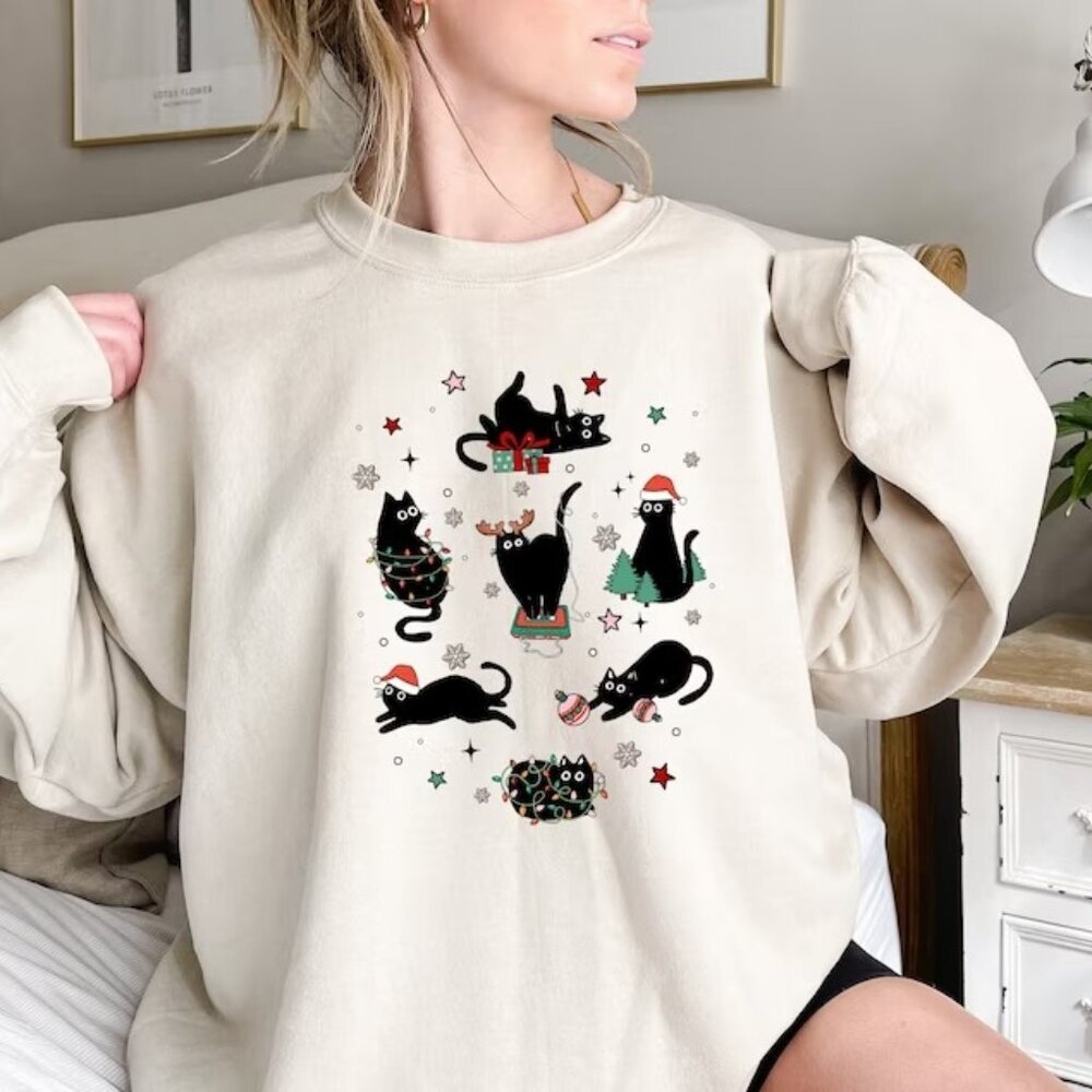 Christmas Black Cat Sweatshirt Black Cat Christmas Kitten Christmas Sweatshirt